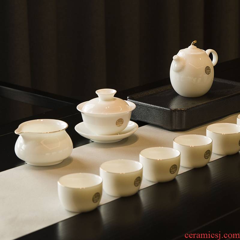 Dehua suet jade porcelain tea set suit white porcelain household tureen tea cup teapot kung fu tea set of a complete set of gift boxes