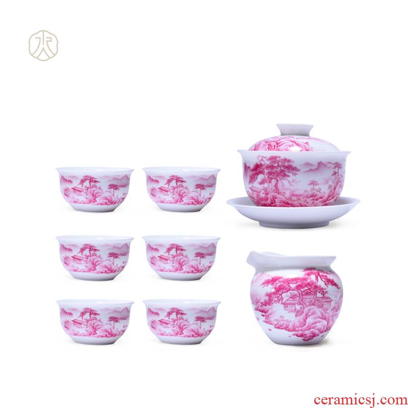 Cheng DE xuan tea set of jingdezhen ceramic tea set, pure manual set of 8 head agate red chamaecyparis pisifera misty rain