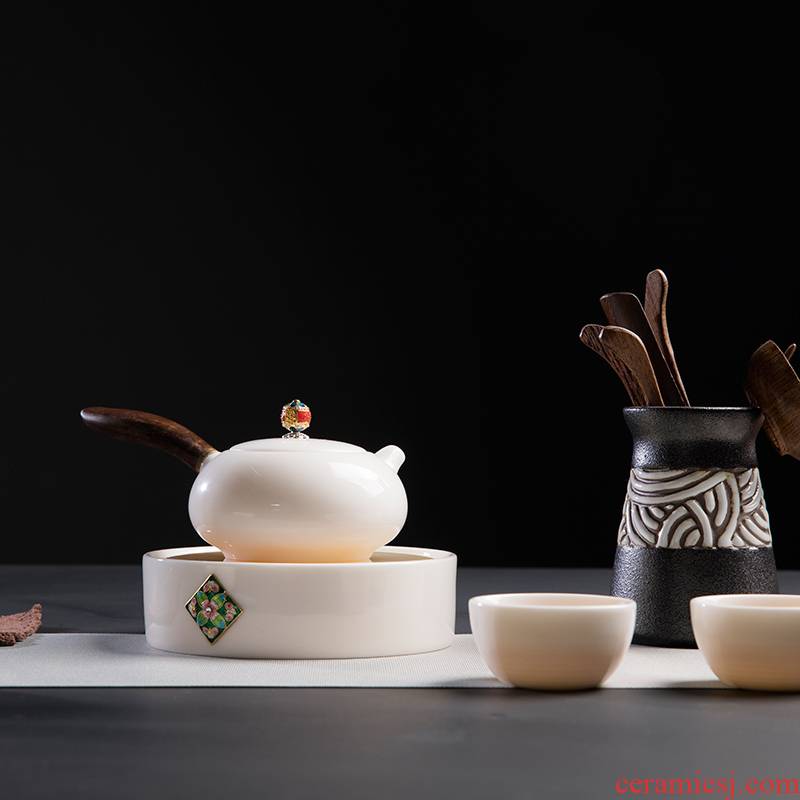 Dehua suet jade white porcelain teapot Chinese style household ceramics kung fu tea set solid wood side manual single pot teapot