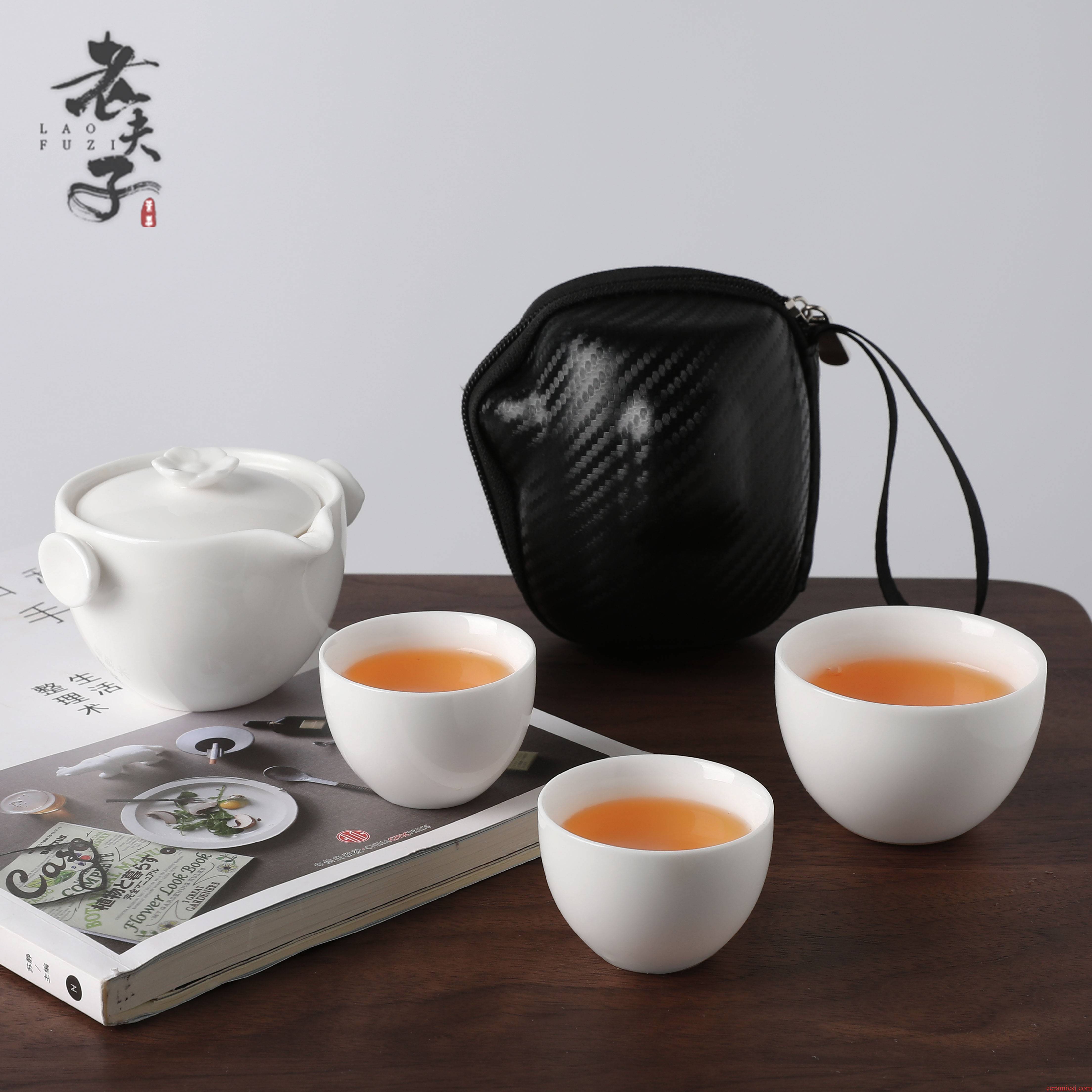White porcelain travel kung fu tea set suit portable bag type crack cup a pot of the 123 cup teapot is suing tourism