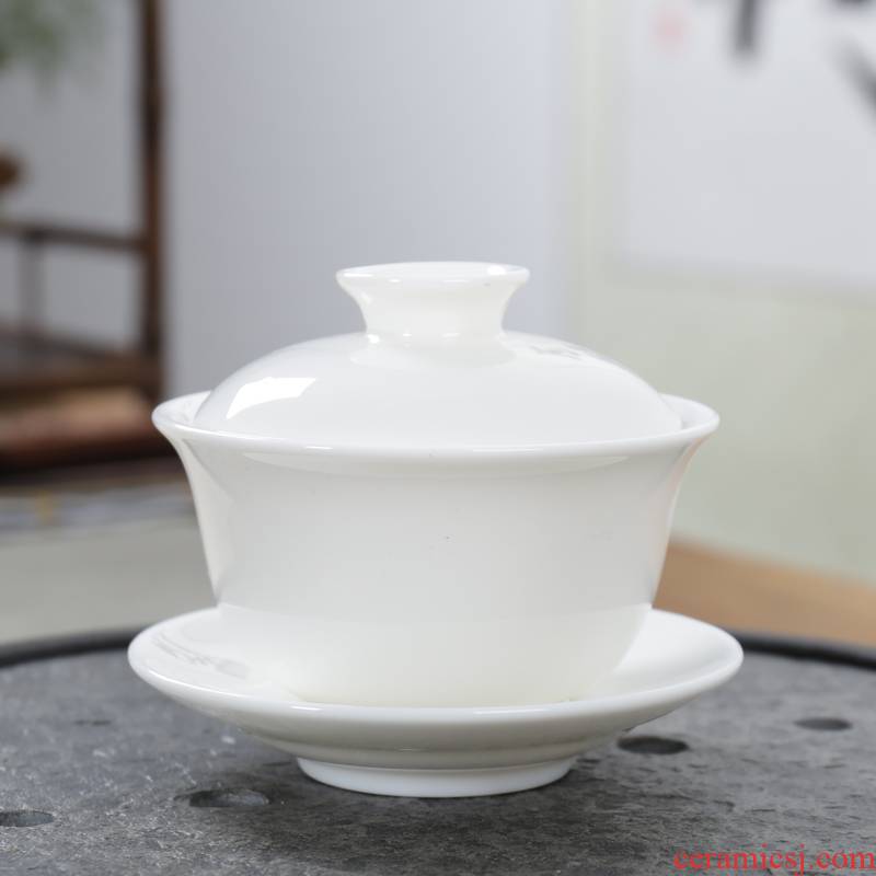 Household dehua white porcelain tea tureen only three bowls of ceramic cups to kung fu tea set white porcelain tea sea interface. A cup of tea
