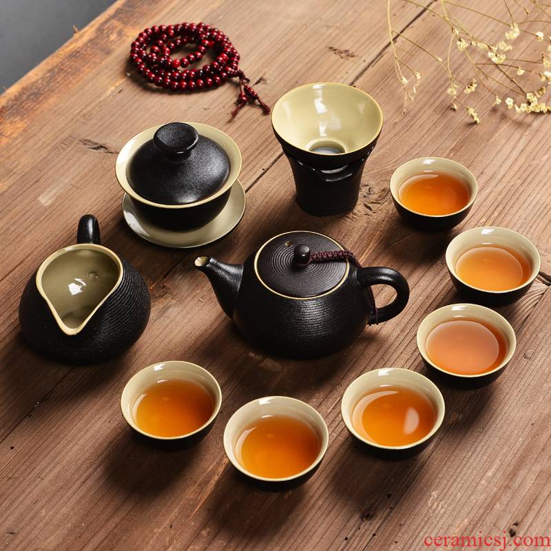 Black zen tea set suit Black ceramic kung fu tea set the whole household travel coarse pottery teapot teacup tureen gifts
