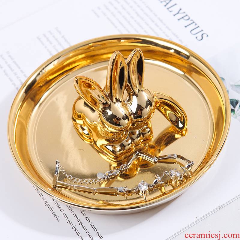 Nordic contracted golden rabbit disc creative receive plate decoration plate ceramic jewelry dresser plate antlers gold furnishing articles