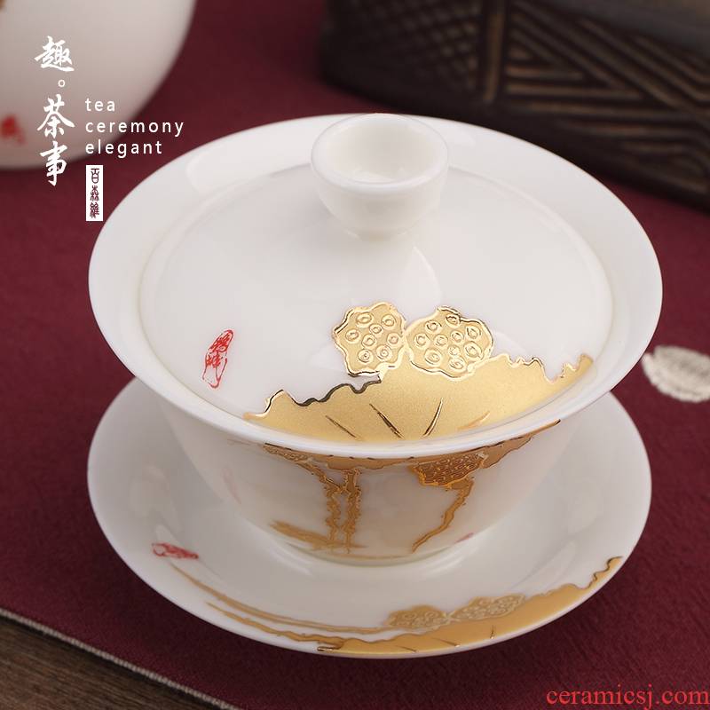 Dehua white porcelain tureen suet jade three just ceramic bowl hand paint a single tea bowl not hot kung fu tea set
