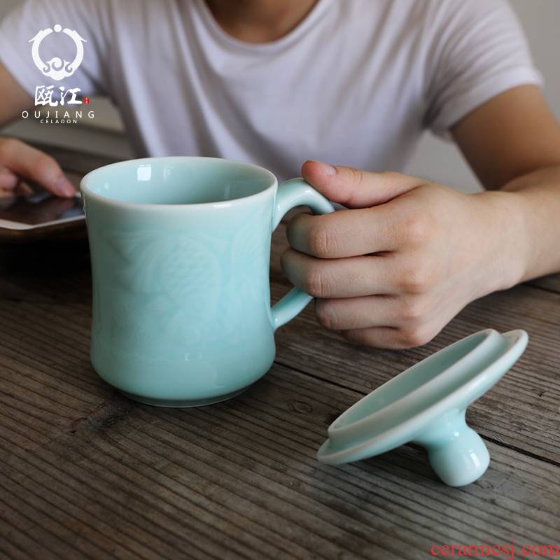 Oujiang longquan celadon ceramic cups office and meeting with cover Pisces cup with personal gift keller cup
