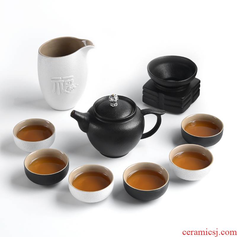 Black and white clay restoring ancient ways is a complete set of kung fu tea set of household teapot teacup coarse TaoChan wind Black pottery tea set