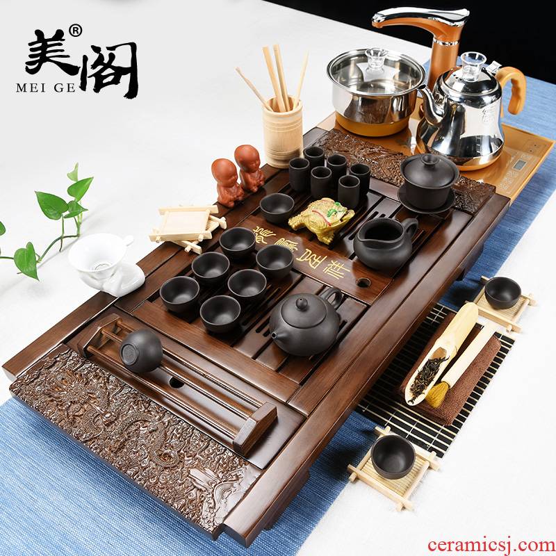 Beauty cabinet kung fu tea set suit household contracted tea ceramic cups violet arenaceous four one automatic solid wood tea tray