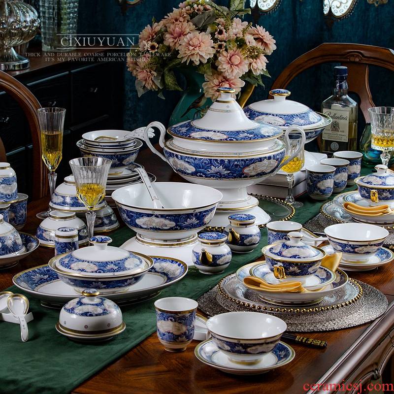 Colored enamel tableware suit household Chinese dishes European dishes jingdezhen ceramic bowl dish combination plate