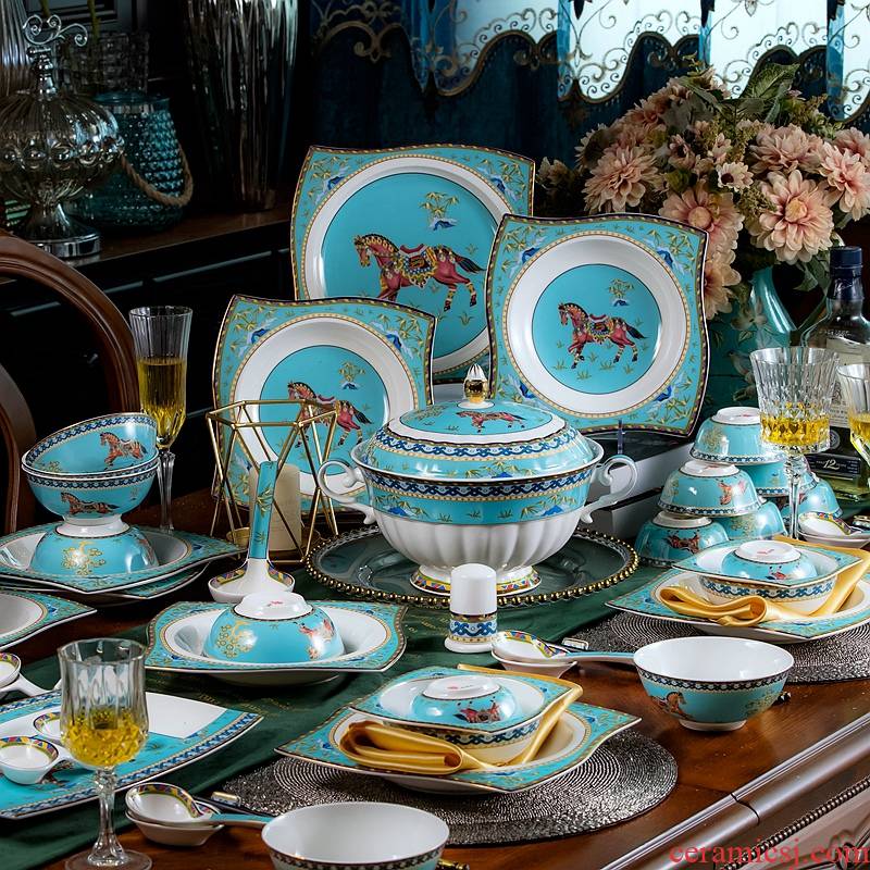Jingdezhen ceramic tableware suit misty dishes suit Chinese style household jobs plate colored enamel wedding gifts