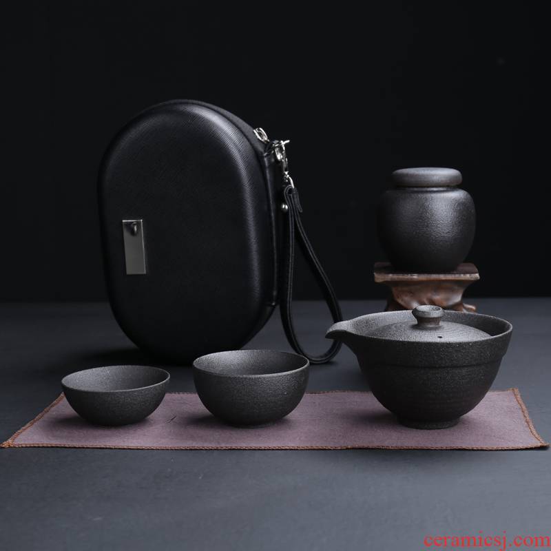 Travel together, super black pottery tea contracted is suing the home portable package crack cup a pot of two cups of kung fu tea set