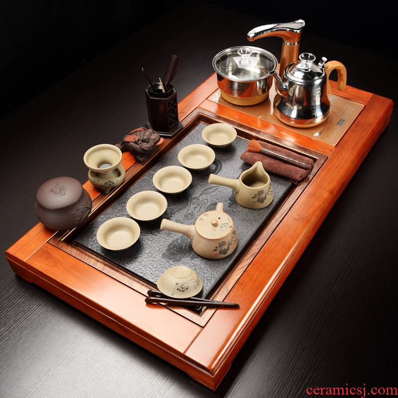 Repeatedly in a complete set of ceramic kung fu tea set of household solid wood tea tray tea tea tea set electric heating furnace