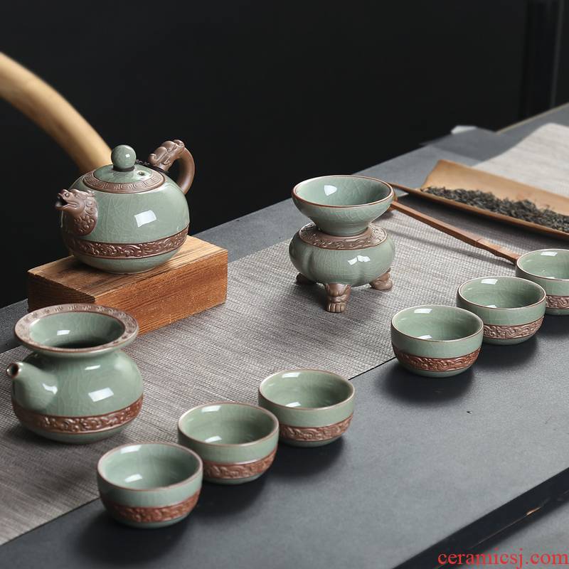 A complete set of ceramic kung fu tea set elder brother up with open piece of ice crack glaze tea kettle fair keller cup filter group