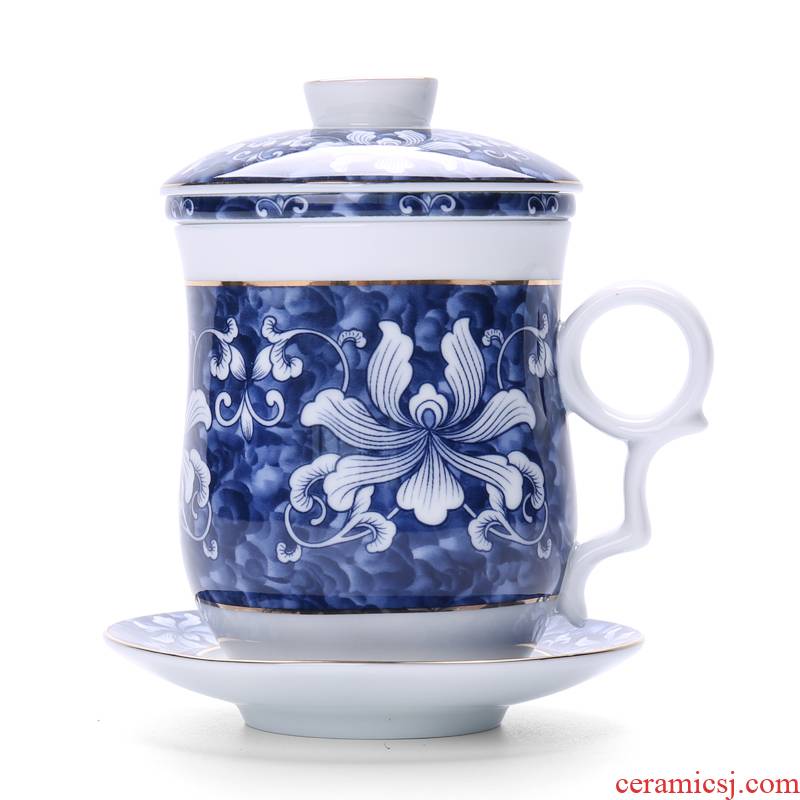 Chiang kai - shek four groups of blue and white porcelain personal office cup with cover glass ceramic filter home market metrix of tea cups