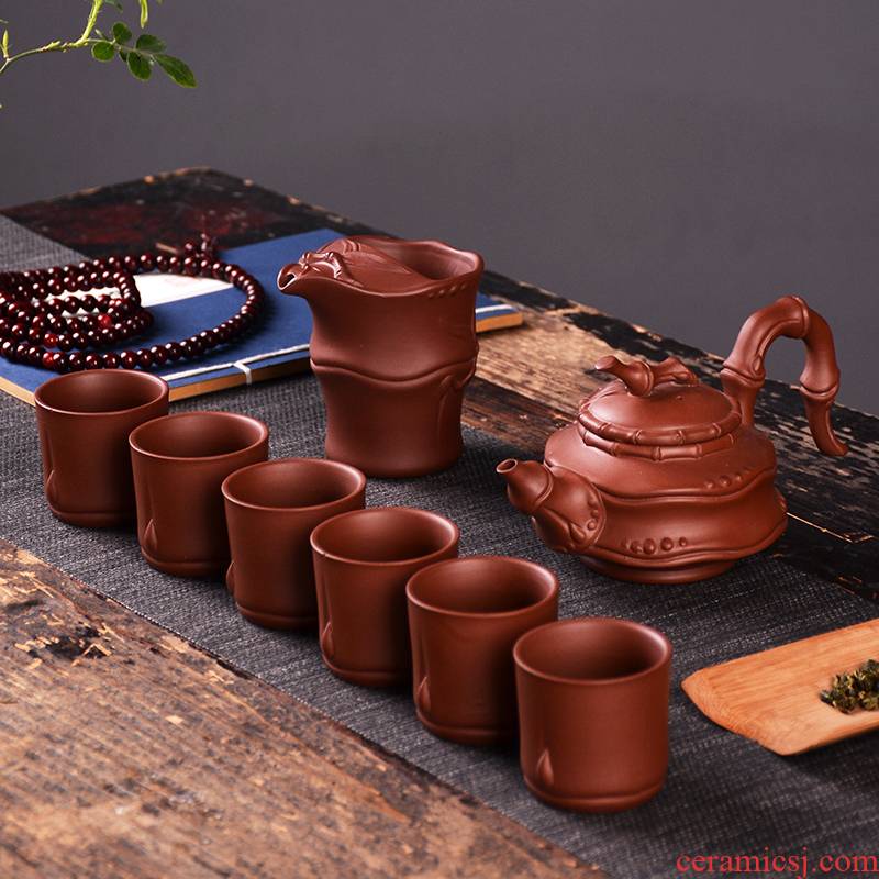 Undressed ore yixing purple sand kung fu tea set suit household whole tea teapot teacup side zhu mud the bamboo pot