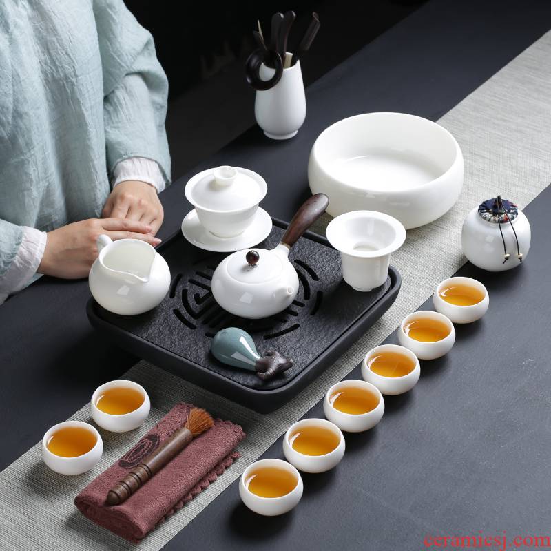 Tea set dehua white porcelain kung fu Tea set home sharply stone Tea tray of a complete set of Tea ware ceramic lid bowl