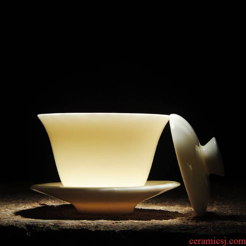 Jade porcelain craft household ceramics large kung fu tea bowl cups. China tureen tea worship white porcelain three cups