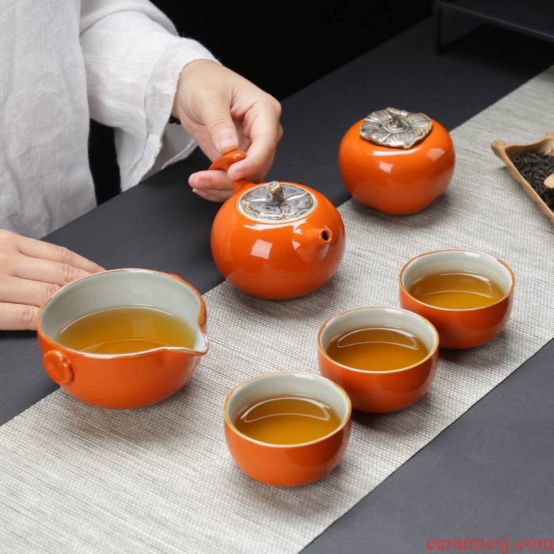 Ceramic travel kung fu tea set persimmon creative household teapot teacup portable travel package suits for all the best