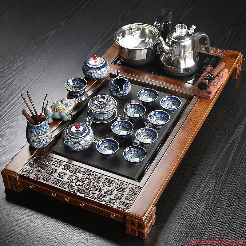 Violet arenaceous kung fu tea set suit household contracted ceramic cups magnetic electric furnace tea tea solid wood, stone tea tray