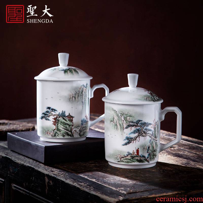 Holy big office cup hand - made ceramic new color landscape tea cup with lid handle of jingdezhen tea service cover cup by hand