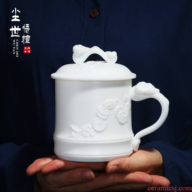 Checking out ceramic cup with cover with contracted large capacity make tea cup of dehua white porcelain mugs office gift customization