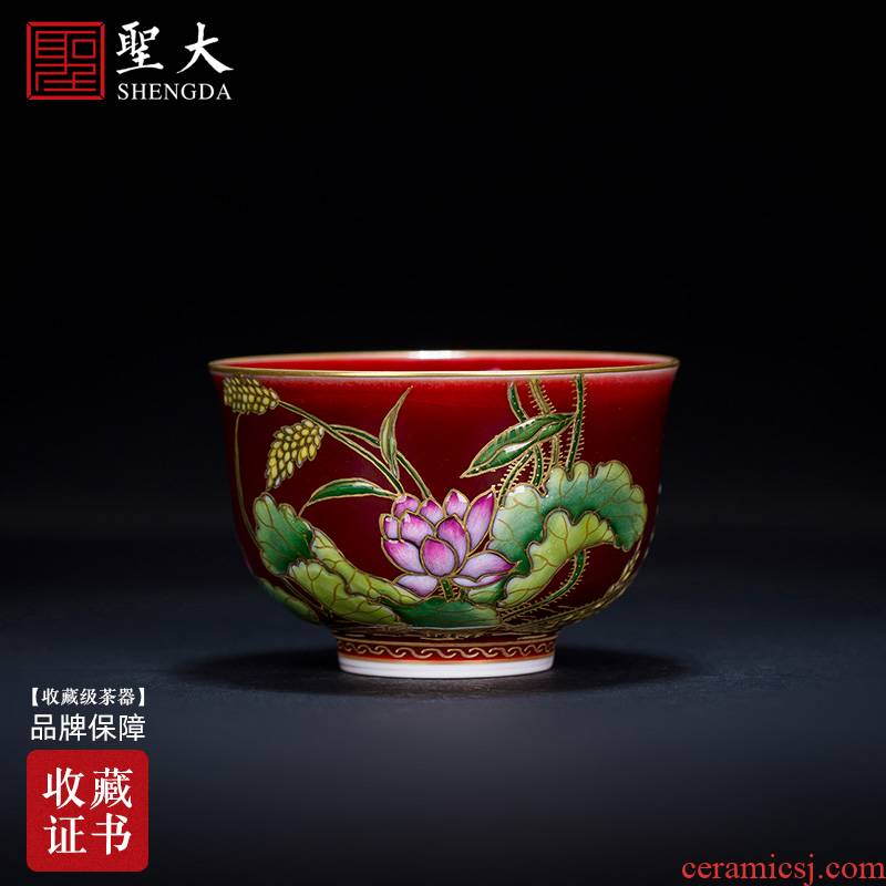 Holy big ceramic kung fu tea cups ruby red colored enamel paint lotus master sample tea cup all hand of jingdezhen tea service