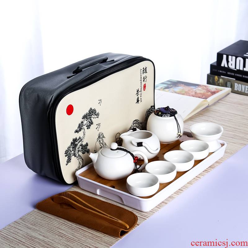 Kung fu tea set ceramic travel suit portable bag contracted household teapot cup outdoors travel car bamboo tea tray