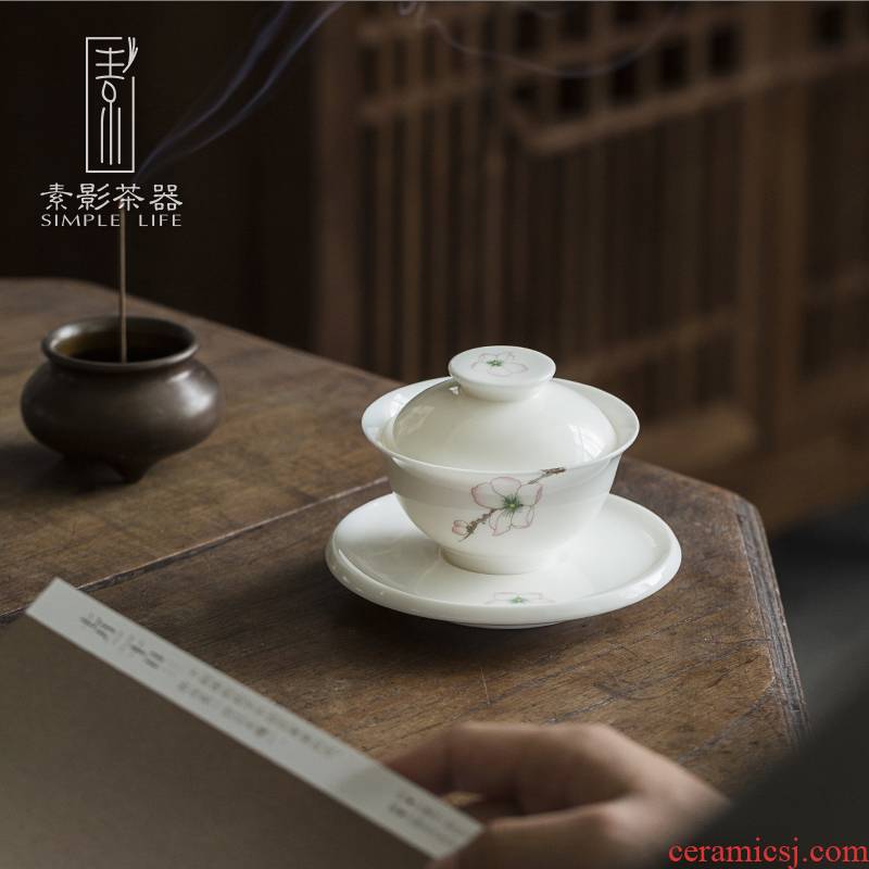 Plain film dehua white porcelain only three tureen tea bowl of Japanese kung fu tea set li, peach blossom put large tea cup
