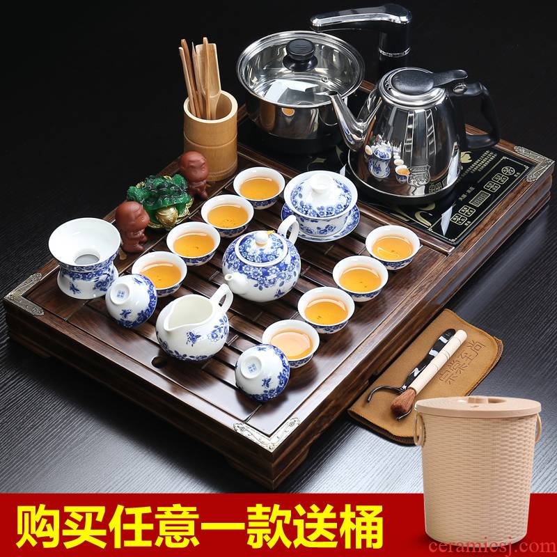 ZongTang violet arenaceous kung fu tea set suit household contracted ceramic cups of tea sets tea solid wood tea tray was magnetic electric heating furnace