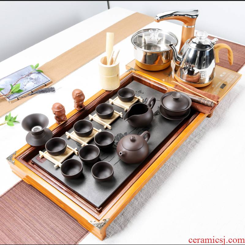 Automatic tea set lazy tea set household kunfu tea purple sand tea with solid wood tea tray was four unity of pumping unit