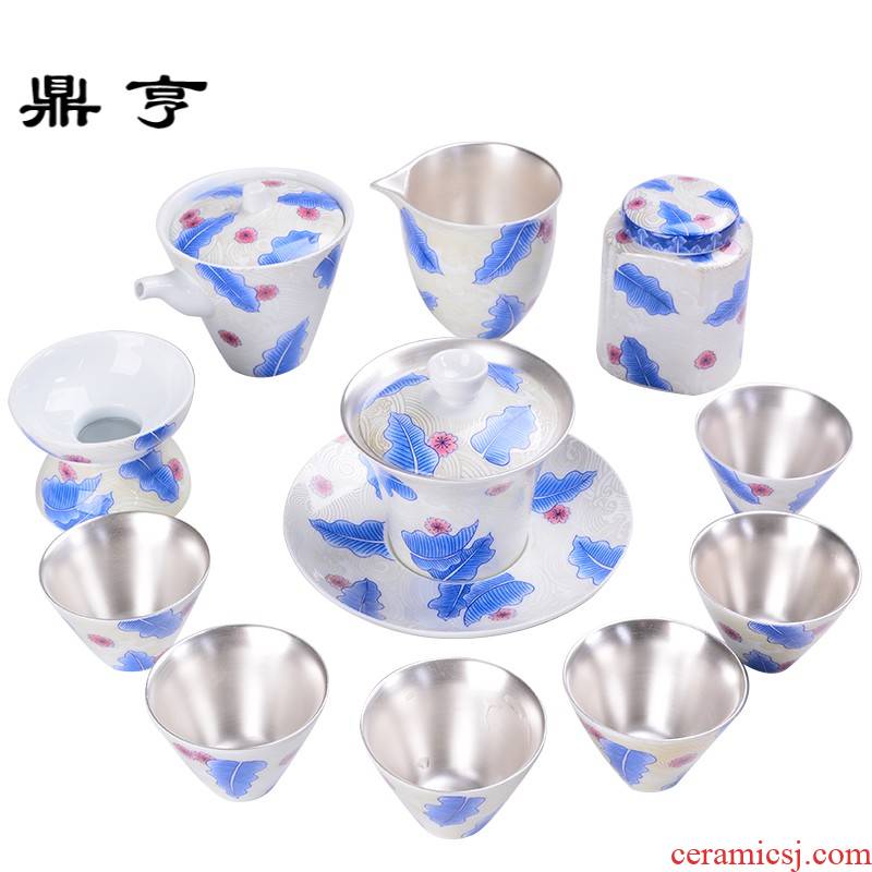 Ding heng jingdezhen tasted silver tea service of a complete set of 999 sterling silver gilding kung fu tea set ceramic fair office home tureen cup