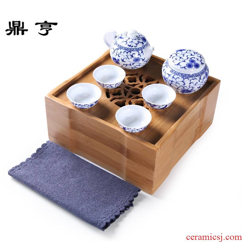 Ding heng suit blue and white travel tea set tea kettle Japanese portable home office tea in the living room