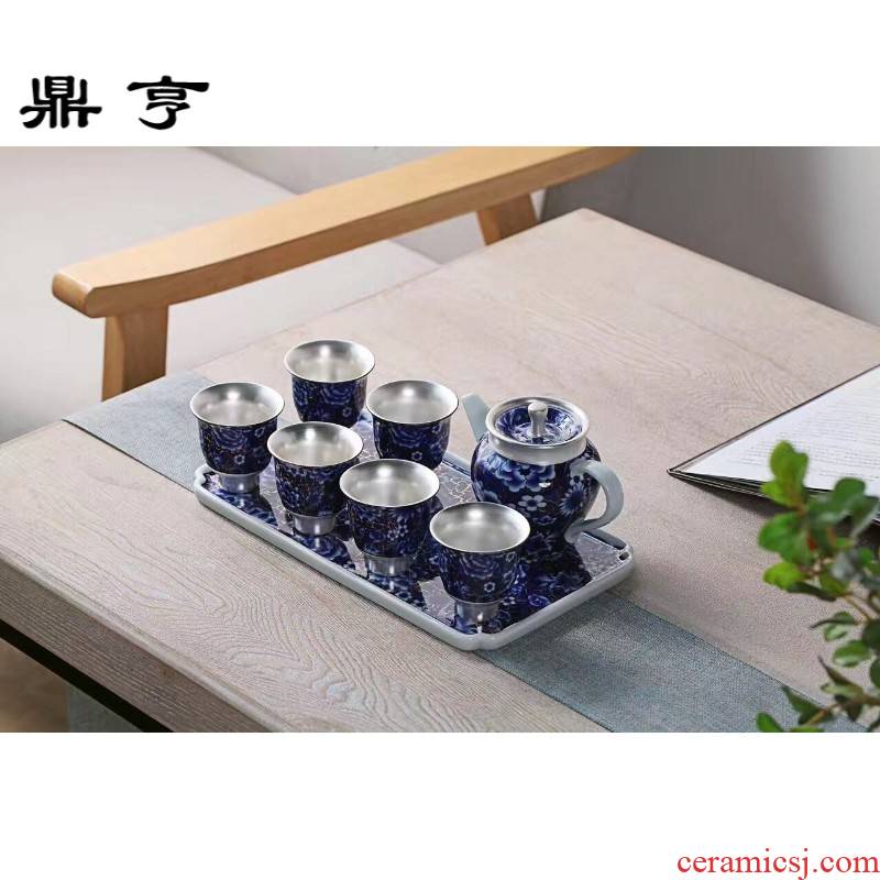 Ding heng coppering. As 999 silver, blue and white porcelain cup silver ceramic teapot single cup tea tray was master cup silver kung fu tea set