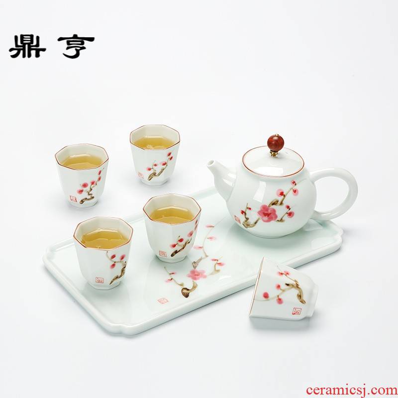 Ding heng jingdezhen kung fu tea set suit portable travel simple ceramic teapot tea tray cups white porcelain