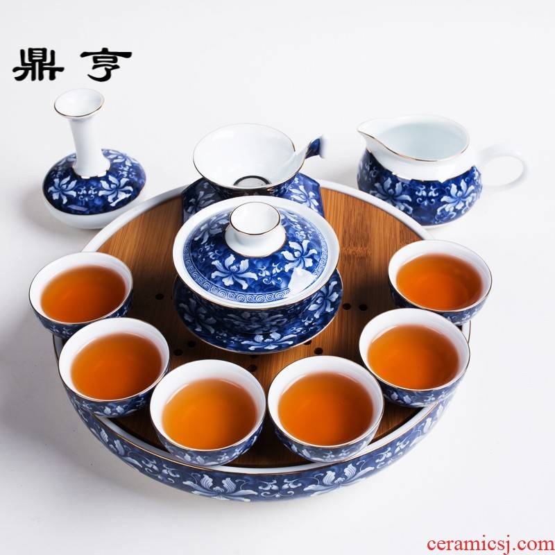 Ding heng blue to blue and white porcelain suit household kung fu tea set of a complete set of jingdezhen ceramic paint cup tea tray