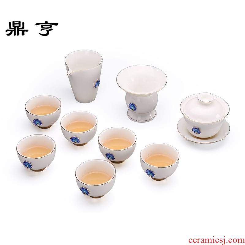 Ding heng white porcelain kung fu tea set jade suit dehua porcelain of a complete set of tea tureen ceramic cups of household contracted by hand