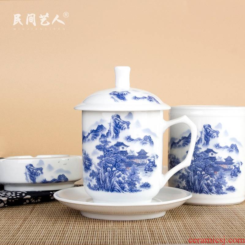 Jingdezhen ceramic office with porcelain brush pot three - piece landscape of blue and white porcelain cup set of ashtrays package mail