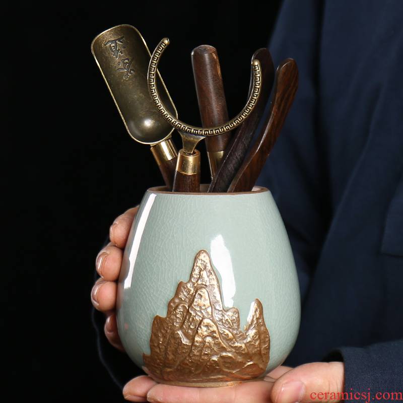 Ebony wood tea six gentleman 's suit household kung fu tea accessories ceramic knife ChaGa tea caddy fixings tea spoon