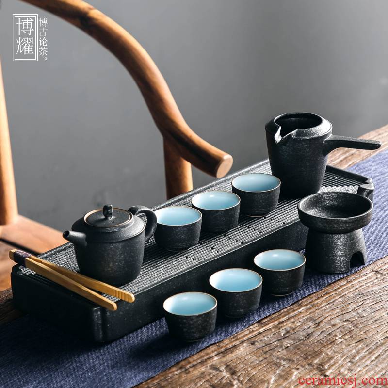 Bo yao tea set of a complete set of bluestone glaze coarse pottery Chinese style household contracted ceramic teapot tea tray was kung fu tea cups