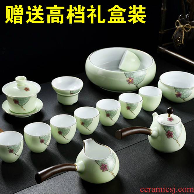 Ya xin longquan celadon is the whole tea set suit household contracted ceramic kung fu tea bags are blue and white porcelain teacup office