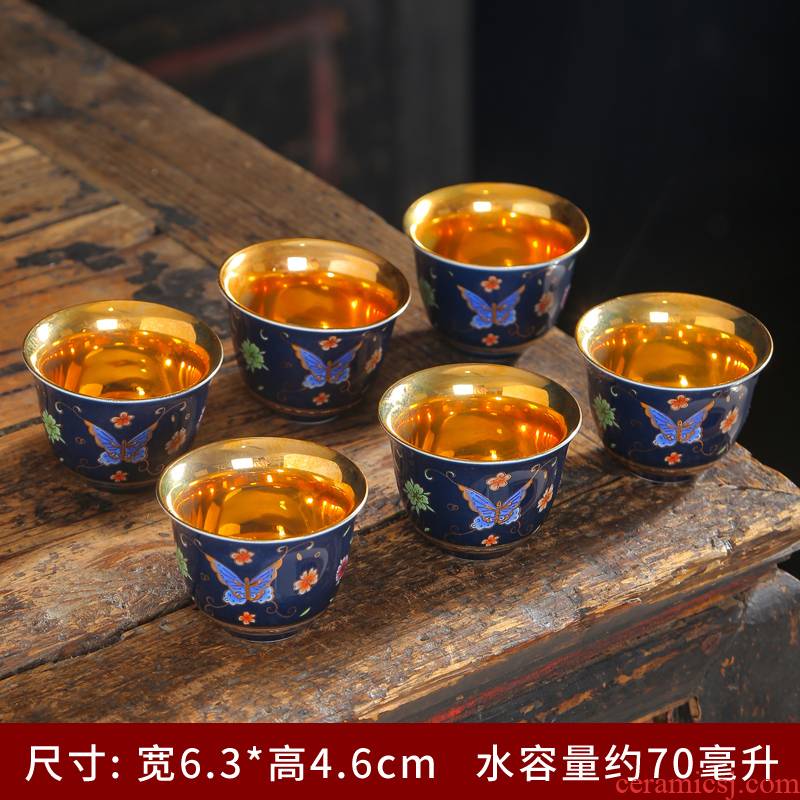 Scene of jingdezhen blue and white gold base ceramic flower see colour sample tea cup kung fu tea tea master cup single cup blue and white