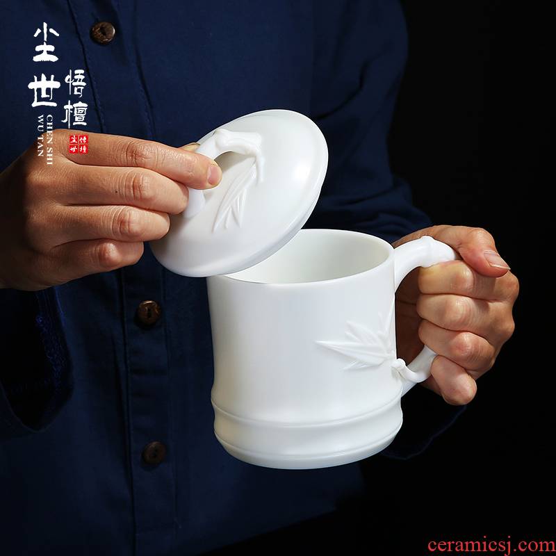 Dehua white porcelain cup by hand with cover cup of Chinese tea mugs ceramic personal working meeting of tea cups