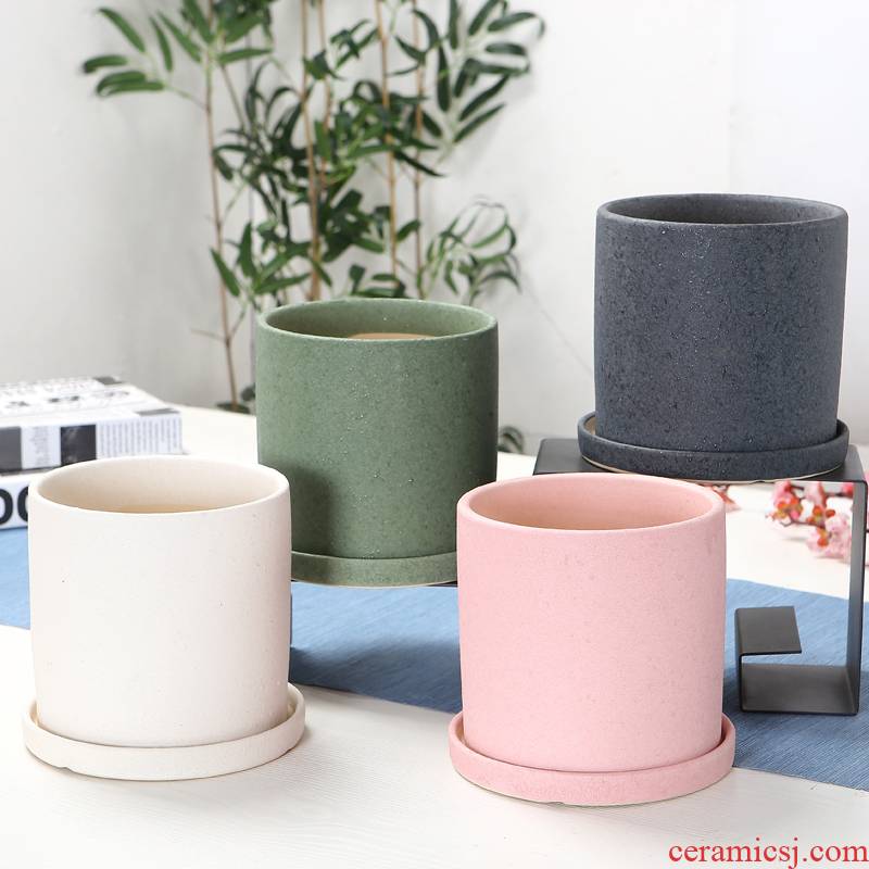 Cylinder contracted ceramic flower POTS with tray package mail extra large wholesale money plant bracketplant sitting room balcony flowerpot more meat