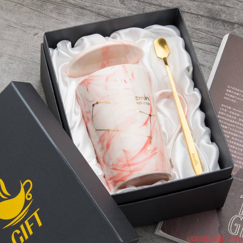 Creative sign ins ceramic water mark cup with cover spoon move trend of men and women lovers home coffee milk