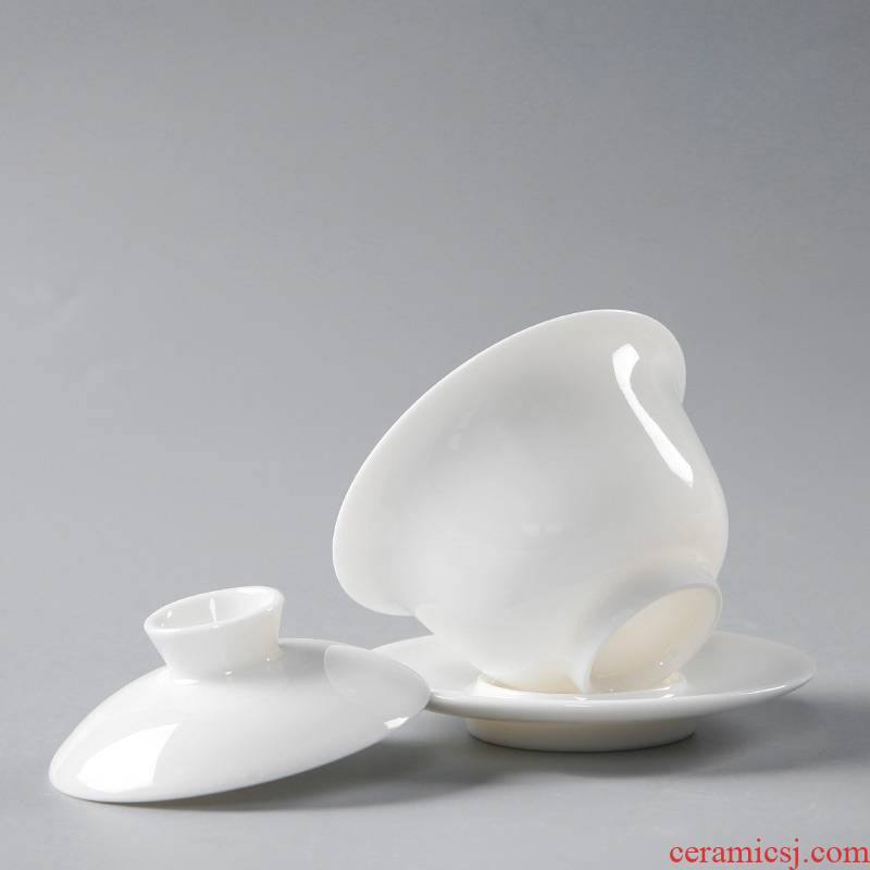 Dehua white porcelain tureen kung fu tea cup only three bowls of household hand grasp the make tea pot of jade porcelain ceramic small bowl
