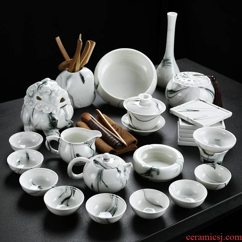 Old &, ink and white porcelain beauty lid bowl of kung fu tea set household ceramic cups GaiWanCha of a complete set of the sea