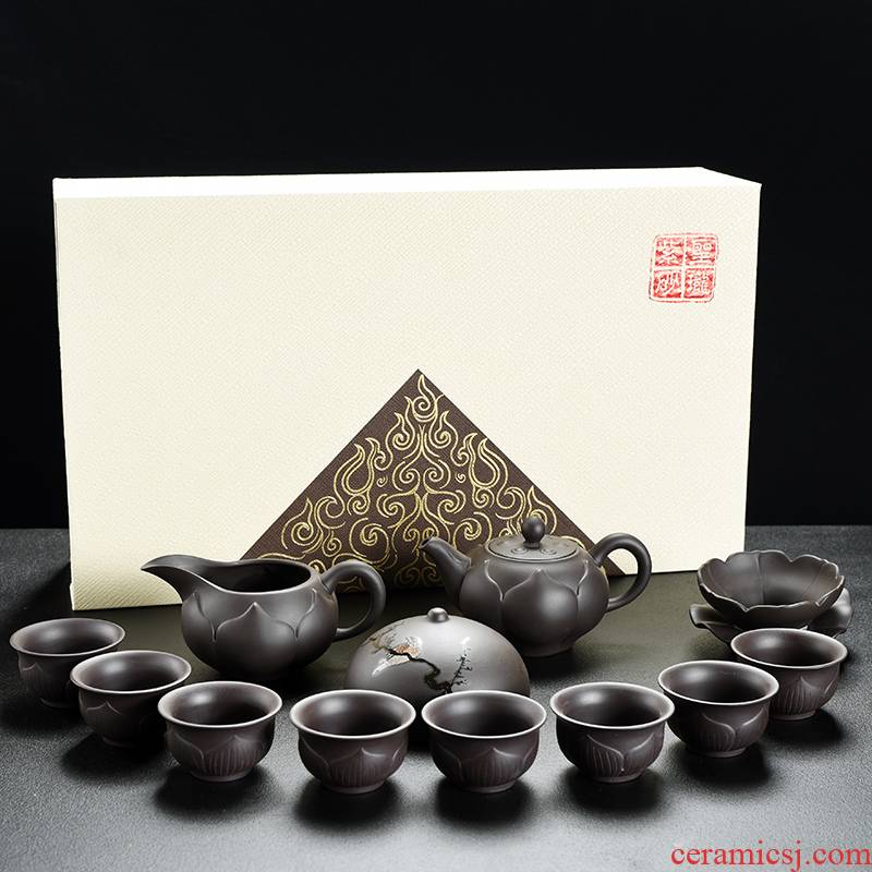 Old &, lotus rose violet violet arenaceous mud kung fu tea set the teapot GaiWanCha sea cups whole household gift box