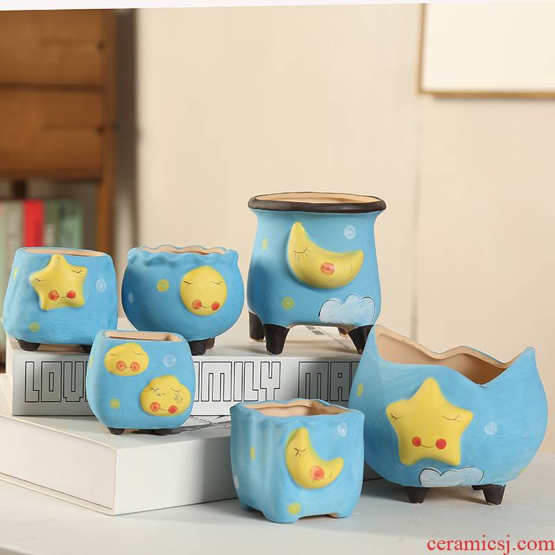 End of lovely stars, the moon ceramic flowerpot more meat individuality creative thoroughly with tao discounted plant blue coloured drawing or pattern