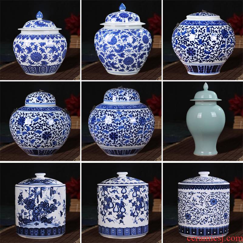 Blue and white porcelain of jingdezhen ceramics general tank furnishing articles storage tank with cover pot of new Chinese style household ornaments