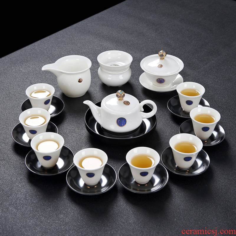 Jingdezhen kung fu tea set suit household contracted suet jade white porcelain tea tray noggin tureen ceramic teapot