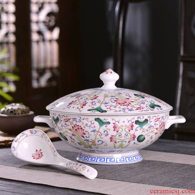 Basin of Chinese style household ipads China big bowl bowl with cover with ear against the hot high - capacity tableware bowl bowl of archaize color lotus